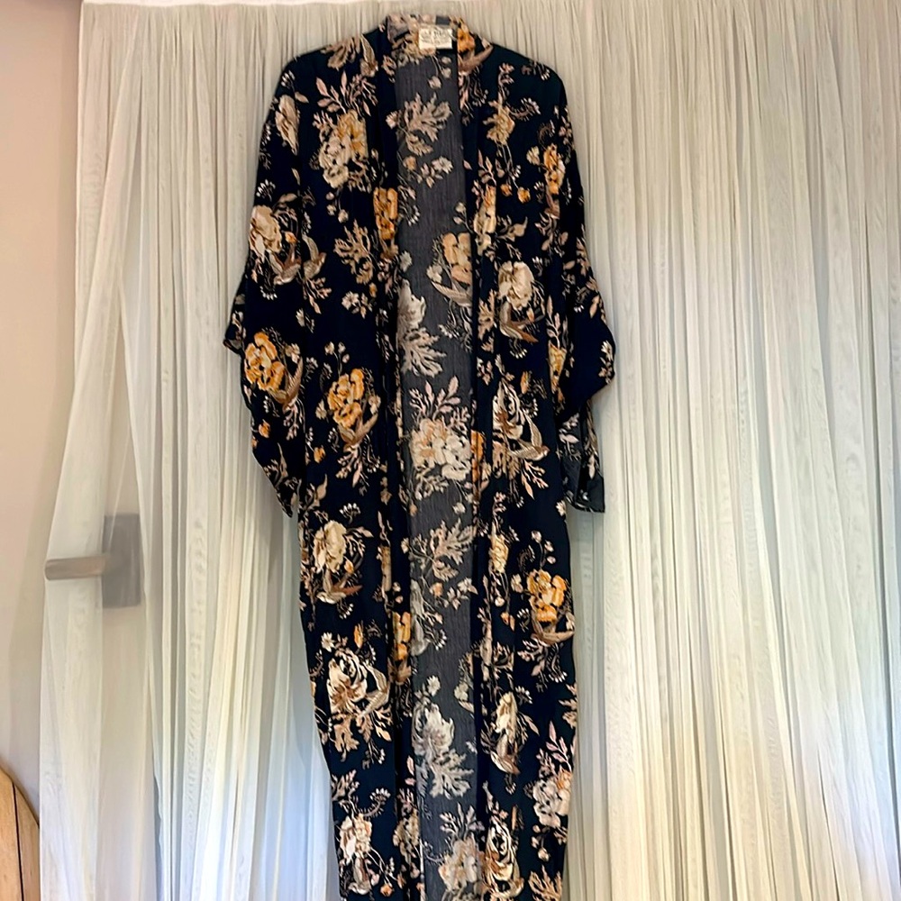 Free People kimono  navy and cream and tan and orange floral